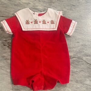 Vintage Red Baby Romper with Embroidered Collar